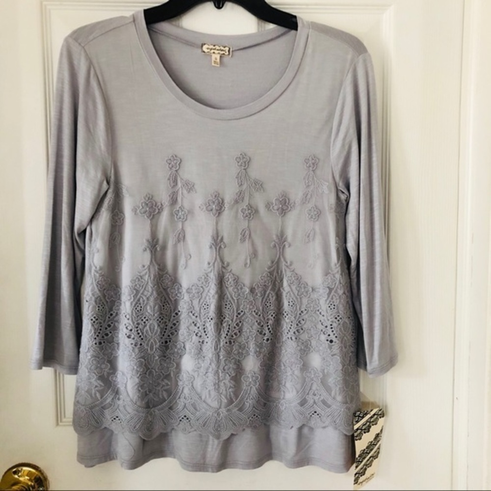 NWT EYESHADOW grey lace mesh floral overlay cotton stretch shirt size small